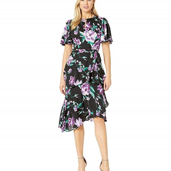 DONATING SOON Tahari by ASL Chiffon Tiered Floral Dress Size 6 - Picture 1 of 9